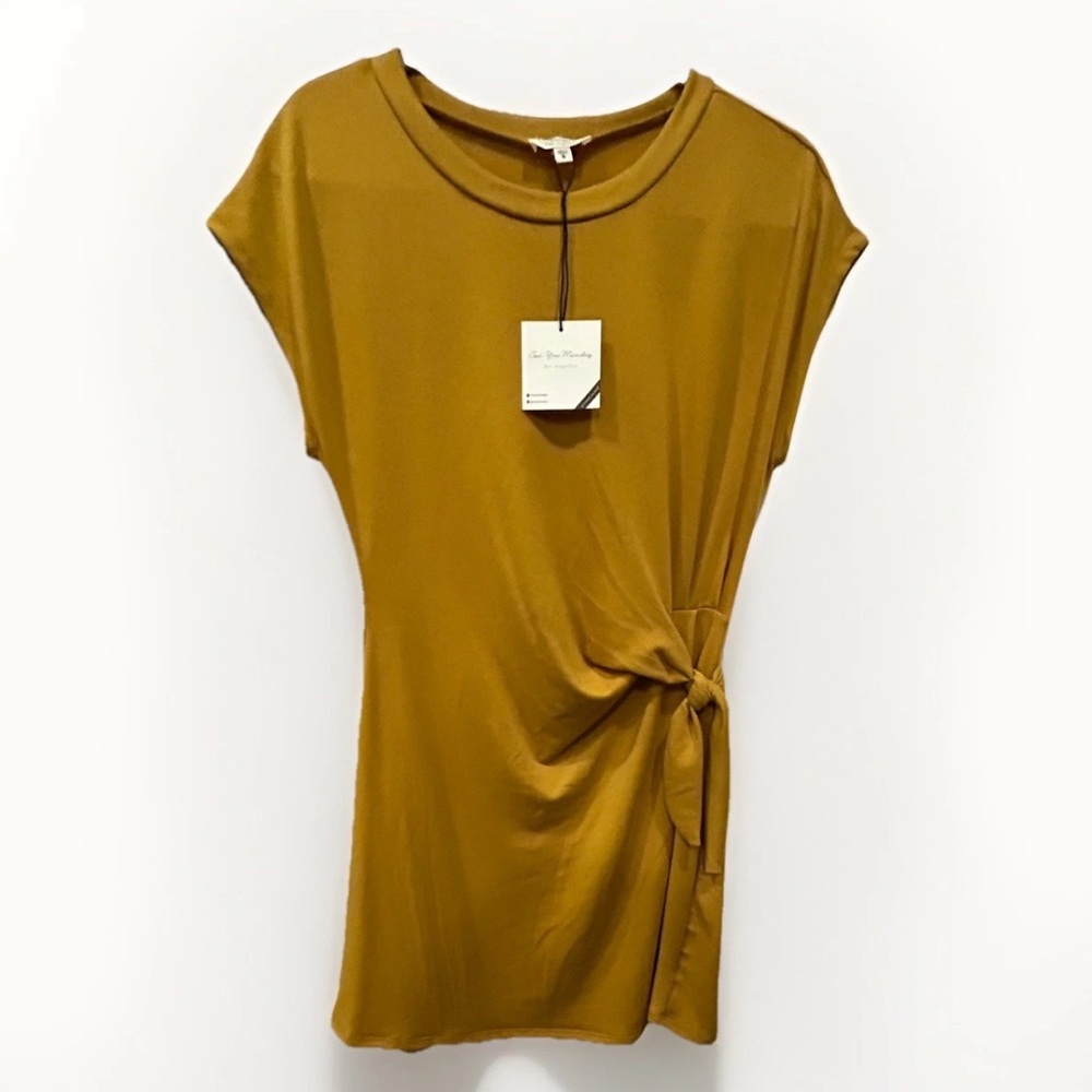 See You Monday LA Mustard Yellow Side Tie Ruched Dress Women’s Small NWT - Picture 2 of 6